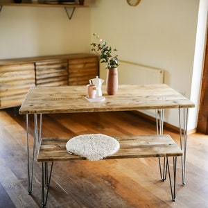 Industrial Dining Set, HAPPY HOME, Reclaimed wood on British Steel Hairpin legs, Sturdy Sustainable Customisable image 1