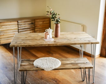 Industrial Dining Set, HAPPY HOME, Reclaimed wood on British Steel Hairpin legs, Sturdy Sustainable Customisable