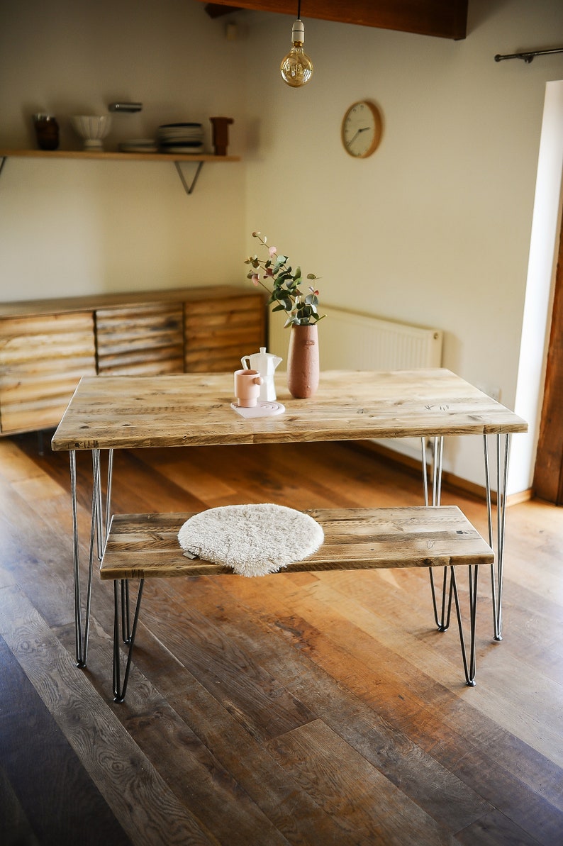 Industrial Dining Set, HAPPY HOME, Reclaimed wood on British Steel Hairpin legs, Sturdy Sustainable Customisable image 1