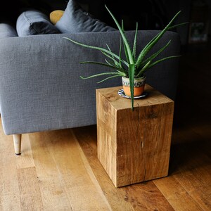 May include: A wooden end table with a natural finish and a plant in a terracotta pot on top. The table is in front of a gray sofa.
