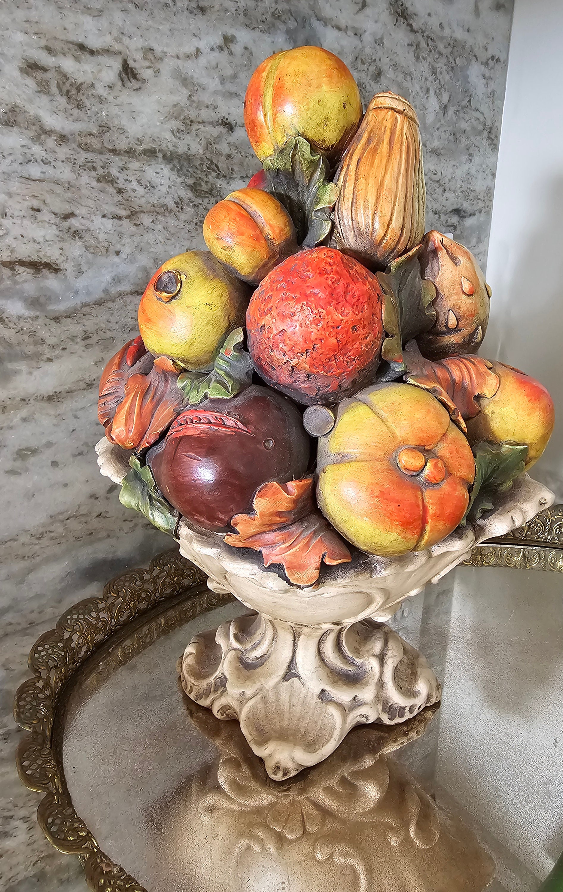 Mid-century Italian Majolica Fruit Capodimonte Topiary Centerpiece