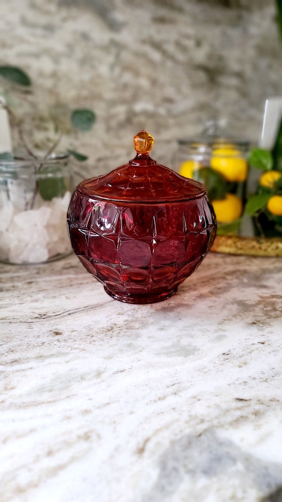 Vintage Rare Ambergina Ruby Red Glass Lidded Canister Bowl Jar