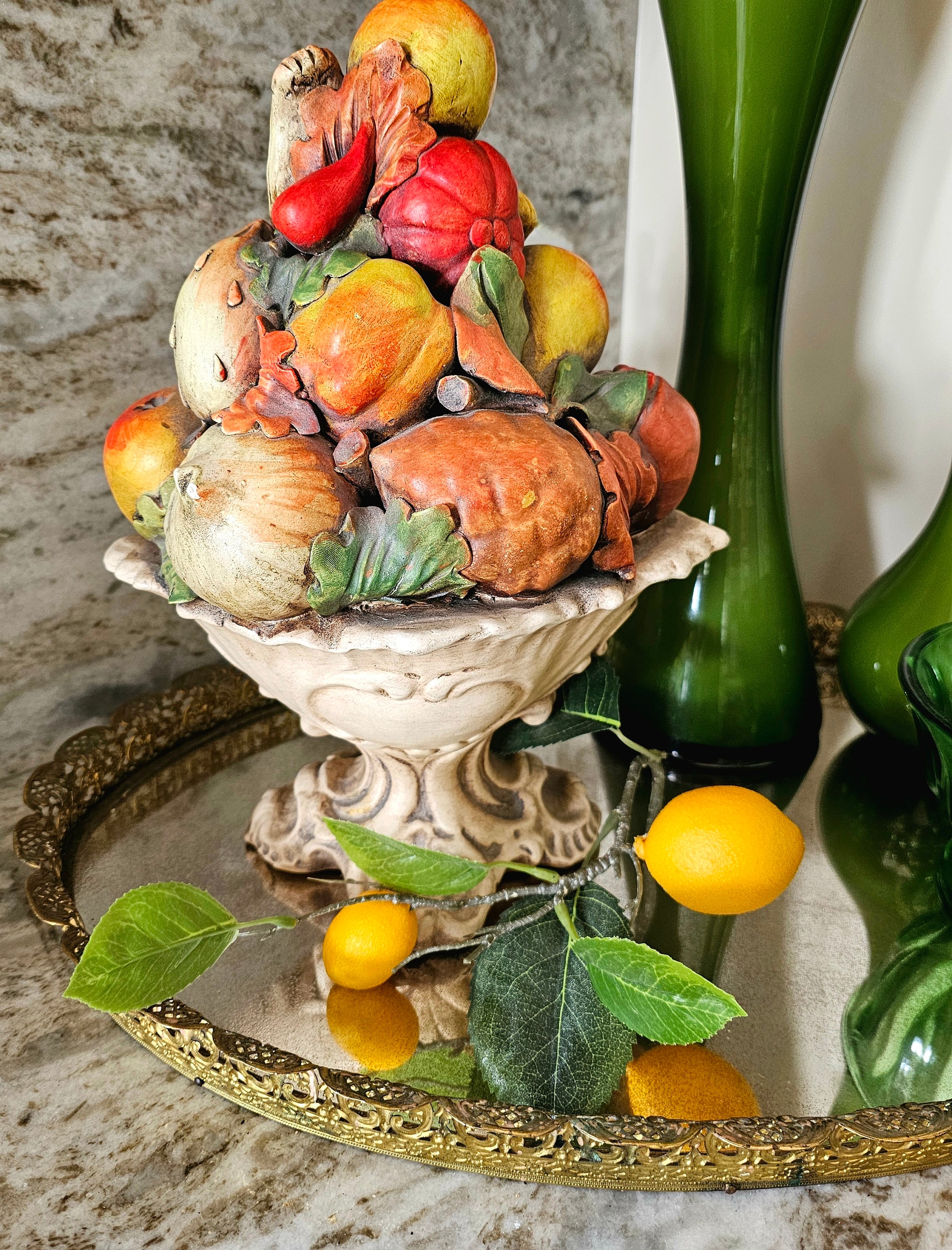 Mid-century Italian Majolica Fruit Capodimonte Topiary Centerpiece