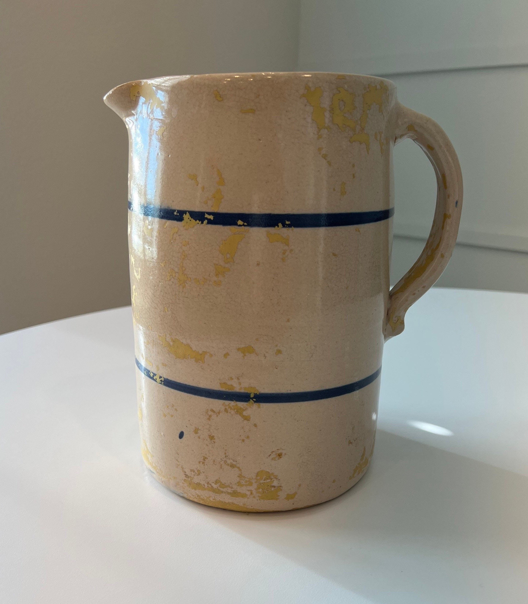 Large Vintage Stoneware Beige With Blue Stripes Glazed Pitcher