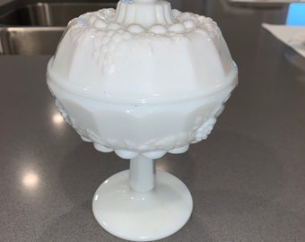 Vintage Milk Glass Westmoreland Compote Candy Dish with Lid Grape Harvest Design