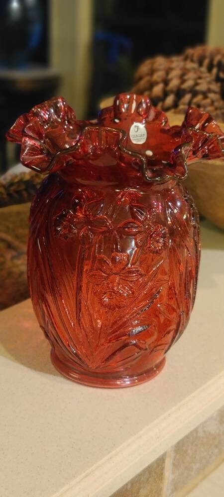 Fenton Art Glass Country Cranberry, Daffodil, Ruffle Vase Eclectic