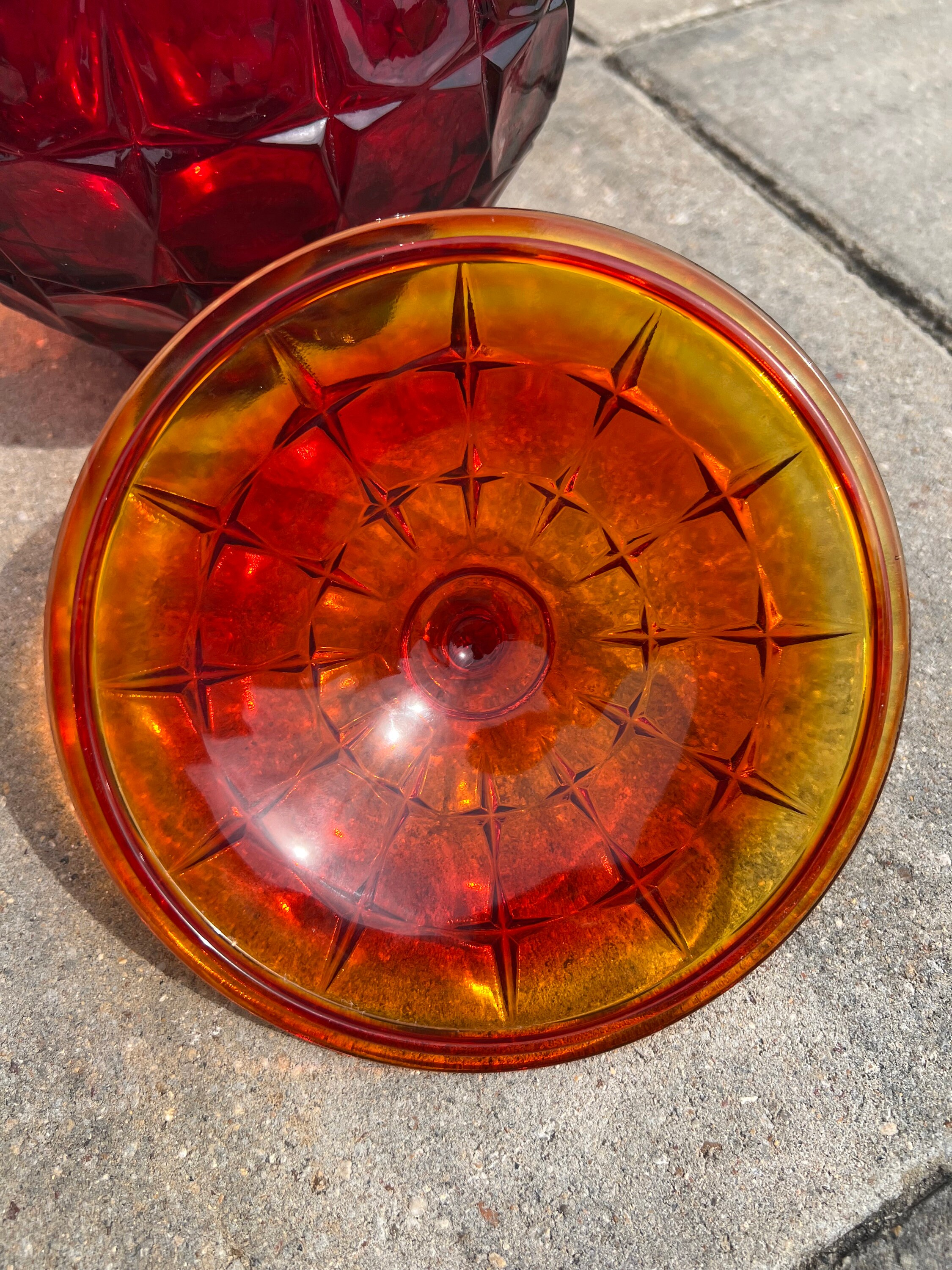 Vintage Rare Ambergina Ruby Red Glass Lidded Canister Bowl Jar