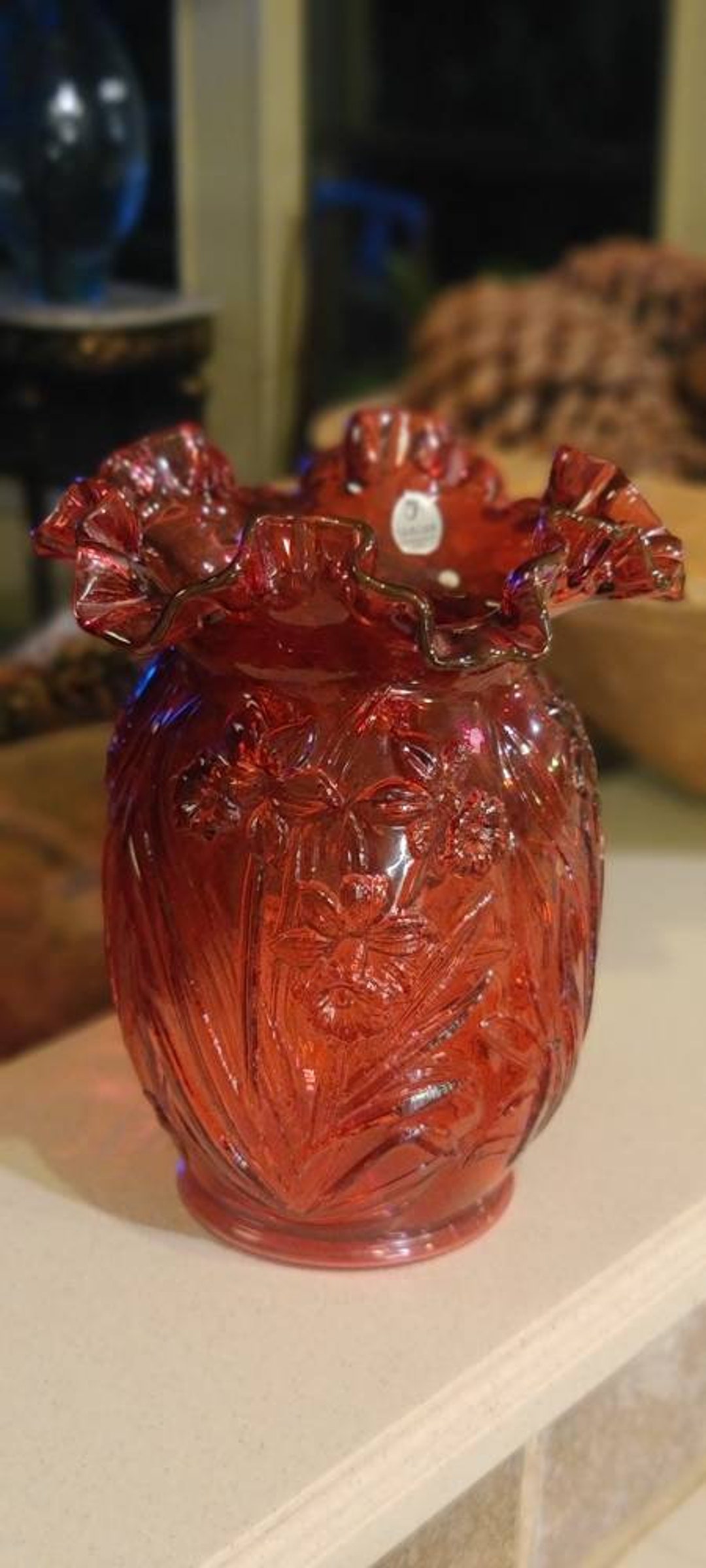 Fenton Art Glass Country Cranberry, Daffodil, Ruffle Vase Eclectic