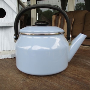 Vintage Blue Enamel Teapot   Farmhouse Cottage Decor