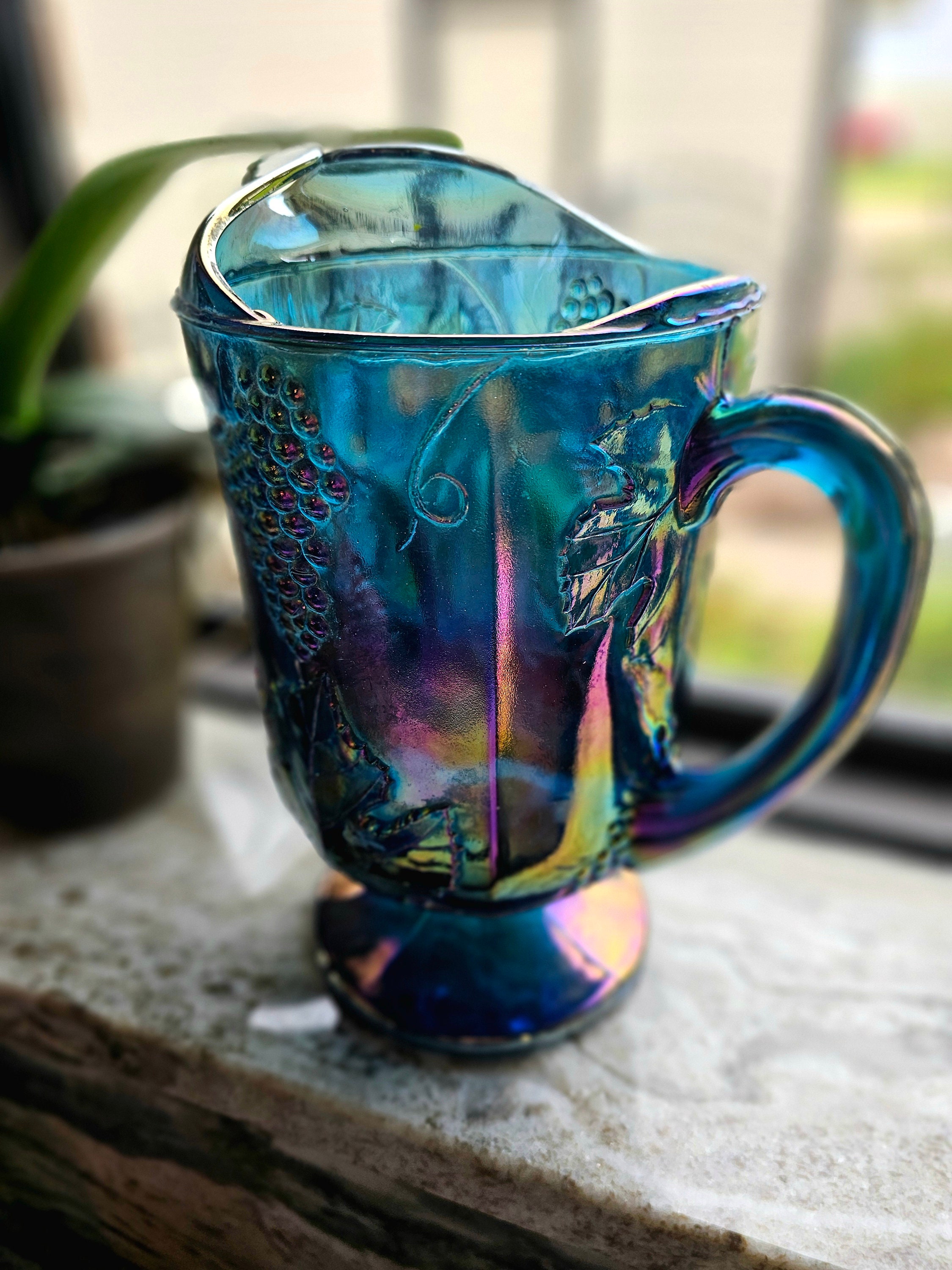 Vintage Indiana Glass Blue Carnival Pitcher: Harvest Grape Design