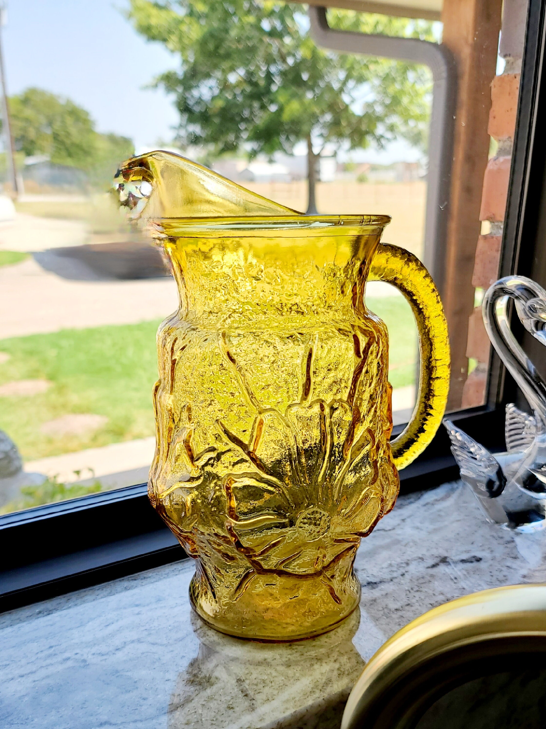 Vintage 70s Retro Yellow Glass Juice Pitcher Jar Decanter yellow