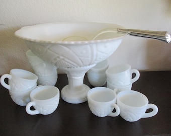 Beautiful 1950s Kemple Toltec Milk Glass White Punch Bowl Set with Ladle and Cups  Wedding  Event