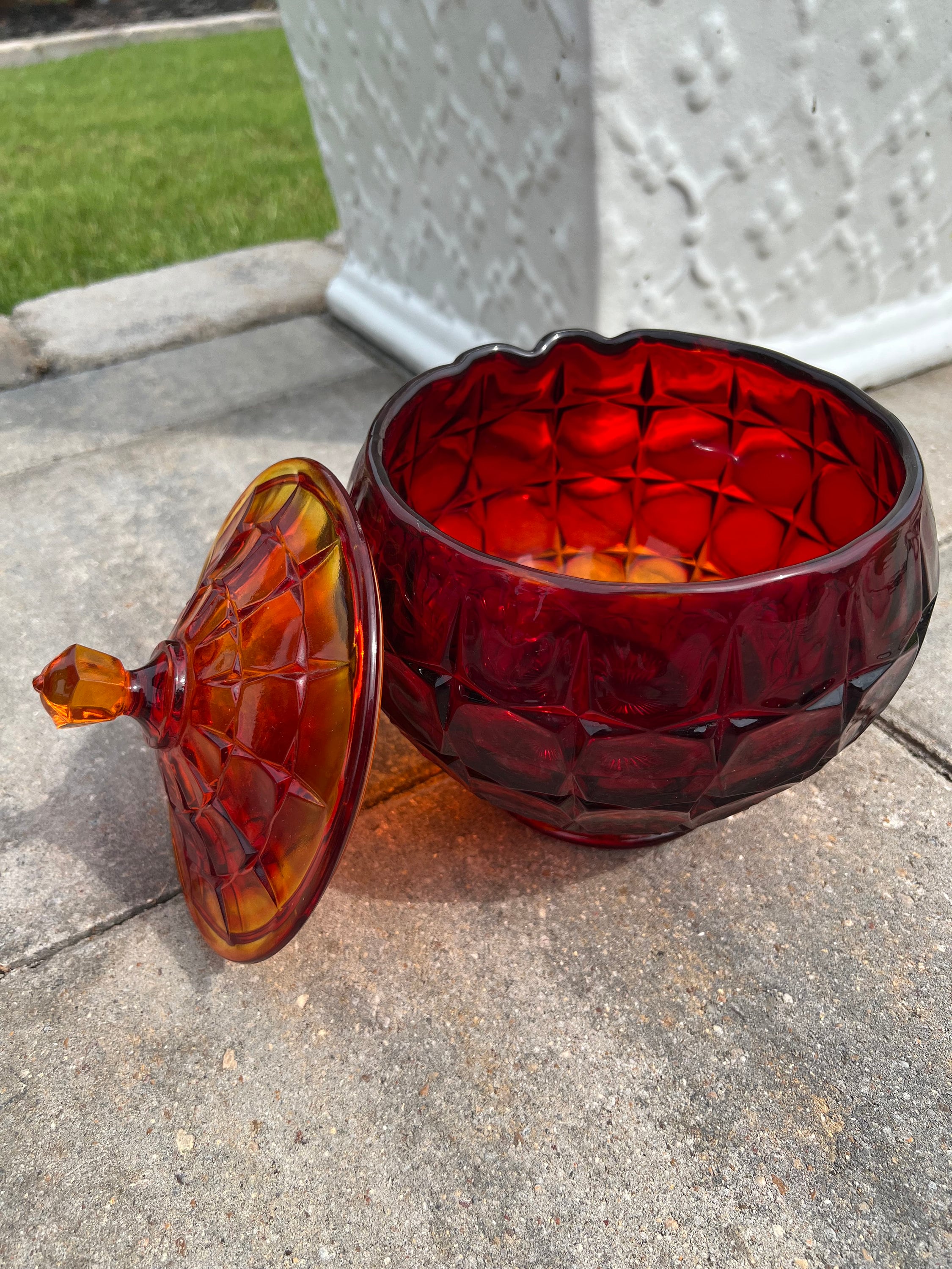 Vintage Rare Ambergina Ruby Red Glass Lidded Canister Bowl Jar