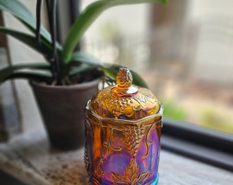 Vintage Indiana Glass Amber Carnival Harvest Grape Cookie Jar – Retro Canister Kitchen Decor