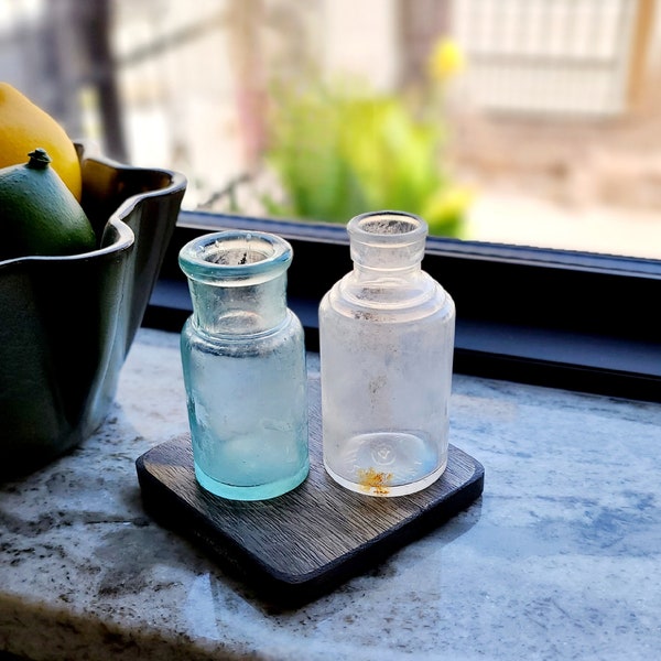 Two Ink Bottles Old Aqua or Teal Glass, Clear Antique Large Bubble Glass, Vintage Calligraphy Writing Apothecary Materials Salvage