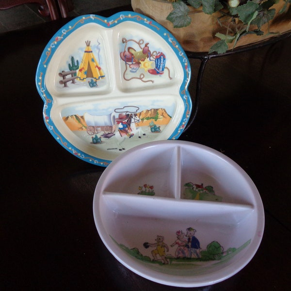 Excello Warming Dish The Three Bears and Melamine Child's Luncheon Dinner Plate Antique Vintage