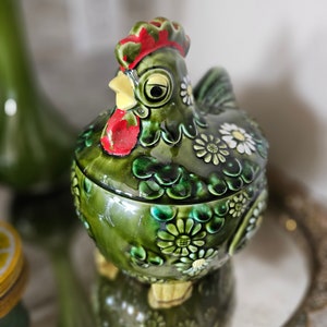 Vintage Green Floral Chicken Biscuit Barrel Cookie Canister Glazed