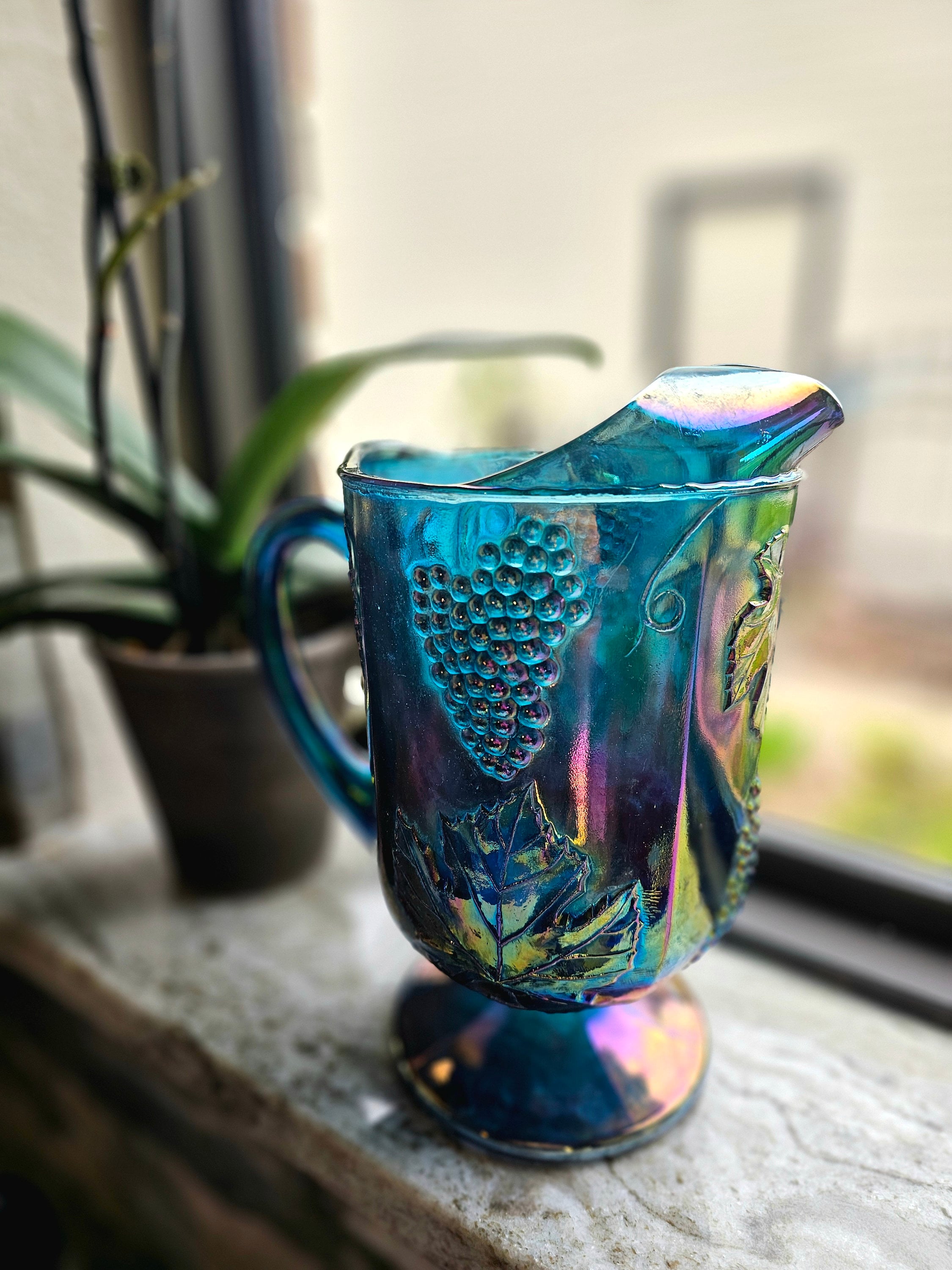 Vintage Indiana Glass Blue Carnival Pitcher: Harvest Grape Design