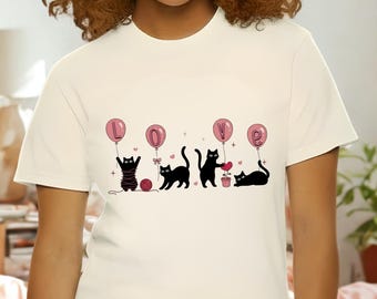 Comfort Colors® Black Cats Shirt, LOVE Balloons T-Shirt, Heart Kittens Tee, Valentines Day Gift, Valentine Kittens Shirt, Cat Lovers Gift