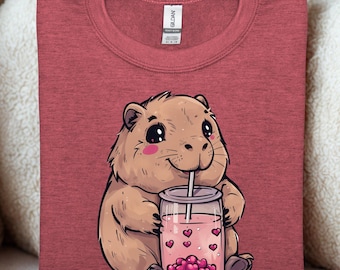 Love Capybara Shirt, Mini Heart Bubble Tea Capy Sweatshirt, Сapybara Gift, Bubble Tea shirt, Kawaii Animal Tee, Valentines Shirt,Heart Shirt