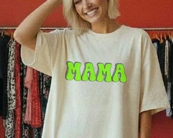 MAMA Retro Bubble Letters T-shirt, Neon Green Groovy Mom Tee, Mother's Day Gift Shirt, Comfort Colors® Checkered Mama Shirt, Motherhood Tee