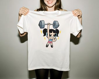 Strong #Powerpuff Girl Weightlifting T-Shirt, Cute Cartoon Girl Barbell Tee, Comfort Colors Cute Powerlifter Girl Shirt, Gym Lover T Shirt