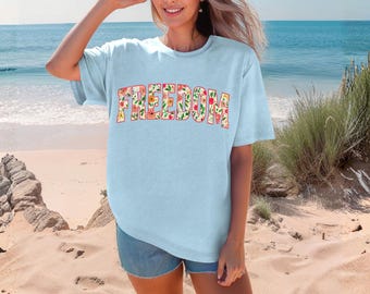 Komfortfarben FREEDOM Blumen-T-Shirt, Vaterländisches T-Shirt, 4. Juli T-Shirt, Americana Democracy Shirt, Sommer BBQ Parade T-Shirt, Unabhängigkeitstag