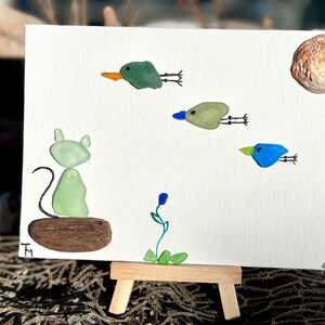 Cat and bird art, sea glass art, ocean treasures art, driftwood art, gift for her, gift for cat lover, unique gift, handmade