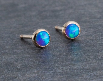 Deep Blue Green Opal Smooth Cabochon 3mm Stone Stud Earrings in 14K Gold Filled