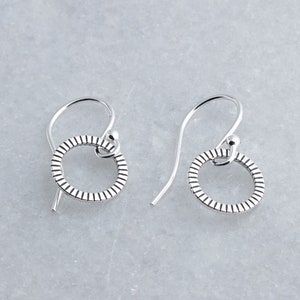 9mm Line Hammered Ring Drop of Solid Sterling Silver Earrings, Handmade Jewelry for Women Men