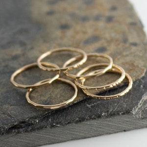 Set of FIVE Tiny Gold Ring, Gold Band, Stackable Ring, Hammered Ring, Gold Ring, Band Ring, Staking Gold Ring, Dainty Stacking Ring