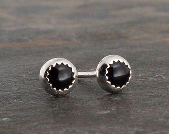 Black Spinel Stone Stud Earrings, Smooth Cabochon Stone Studs, Minimalist Earrings, Dainty Earrings, Tiny Stud Earrings, 4mm
