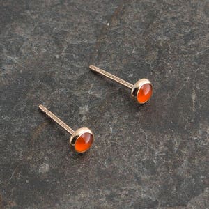 May include: A pair of gold-colored stud earrings with round, orange-red gemstones. The earrings are set on a dark gray, textured surface.
