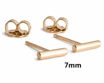 7mm Gold Bar Stud Earrings Minimalist Tiny Stick Design Handmade Jewelry