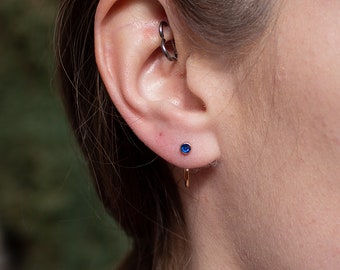 Stone Hoop Earrings, Blue Sapphire Tiny Hoops, Minimalist Earrings, Sapphire Hoops, Hugger Hoop Earrings, Sleeper Earrings, 3mm