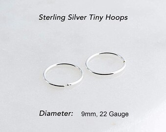 Sterling Silver Hoop Tragus Piercing Earrings Inner Diameter 7-8-9mm and Thin 22 Gauge Wire