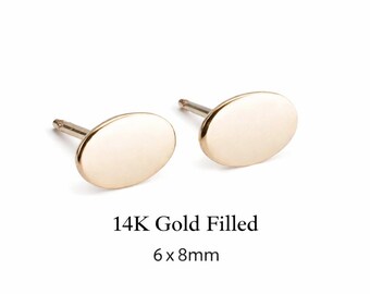 Gold Stud Small Earrings Mini Oval Studs Minimalist Flat Handmade, 6 x 8mm