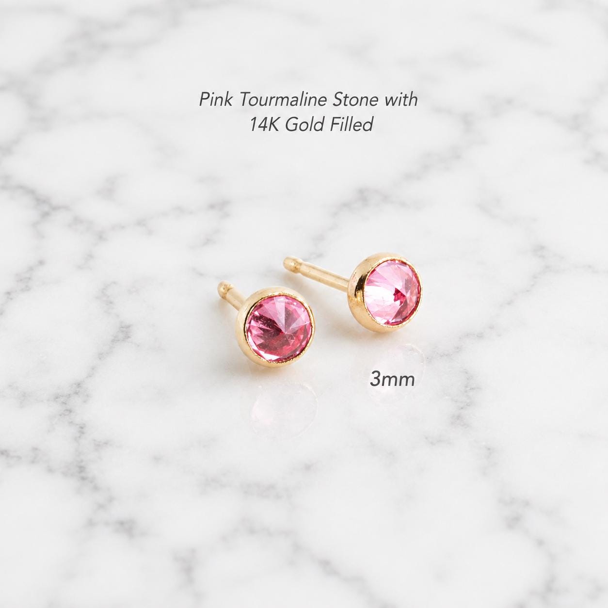 Pink Tourmaline 3mm Stone Stud Earrings in 14 K Gold