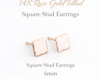 Handmade Matte Rose Gold Filled Stud Earrings Hammered Square Minimalist Modern Design