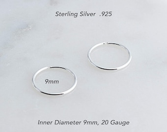 Sterling Silver 9mm Huggie Hoop Earrings 20GA Cartilage Helix Piercing