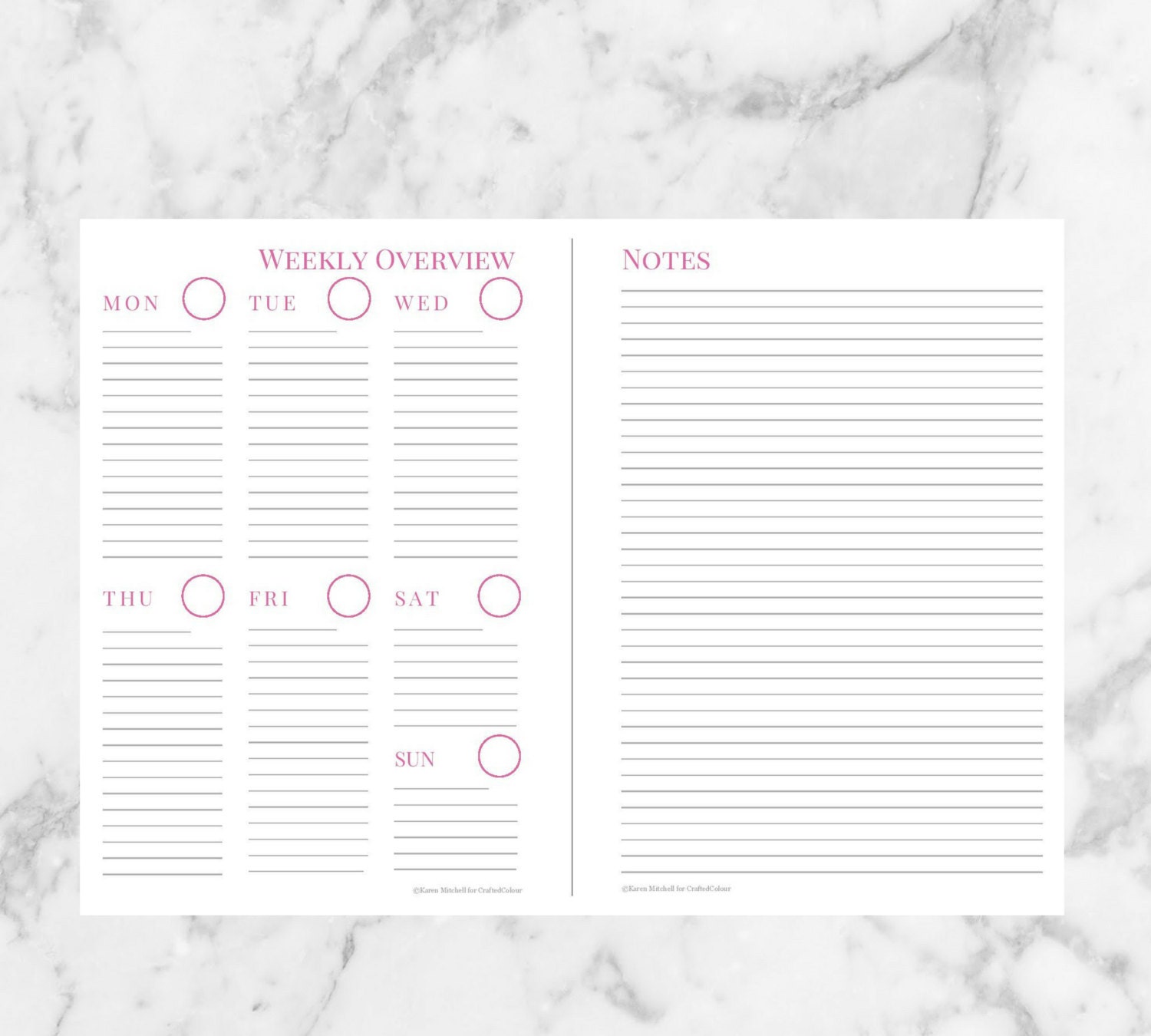 Pink Weekly Planner Week on One Page Grid Notes Pink WO1P | Etsy