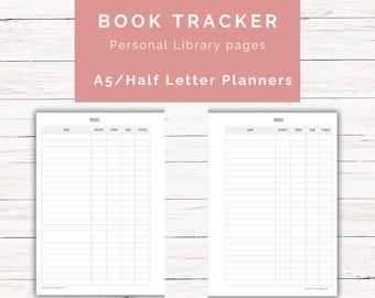 Rastreador de livros A5 para impressão: inserções para planejador de biblioteca pessoal (PDF)