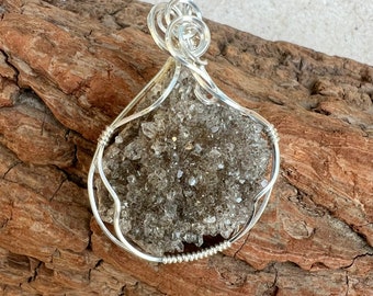 Smokey Herkimer Diamond Druzy Wire Wrapped Crystal Pendant in Sterling Silver, Herkimer Diamond Pendant, Power Stone