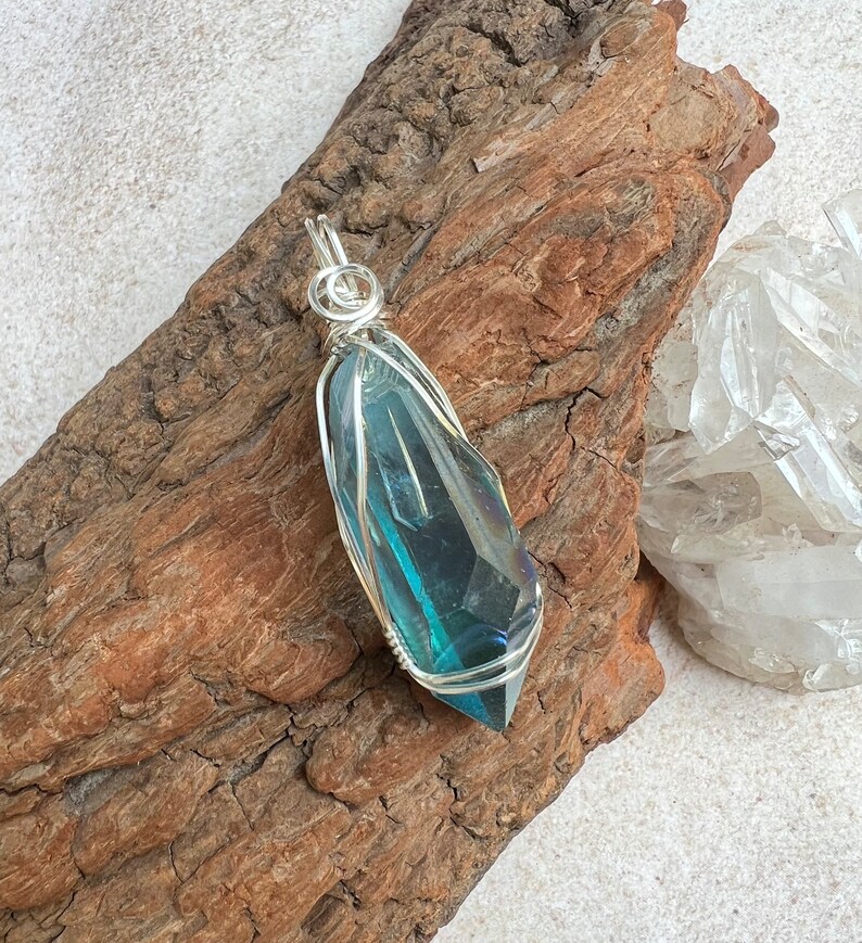 Aqua Aura Pendant, Reiki Infused Aqua Aura Necklace, Wire Wrapped Sterling Silver Aqua Aura Pendant image 2