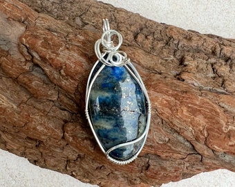 Denim Lapis Lazuli Sterling Silver Pendant: Wire Wrapped Crystal