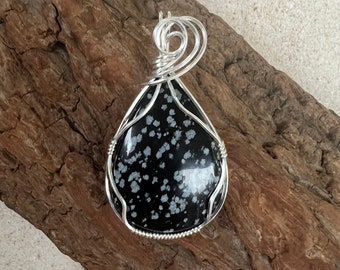 Snowflake Obsidian Pendant, Wire Wrapped Snowflake Obsidian, Obsidian Necklace, Healing Crystal, Reiki Charged