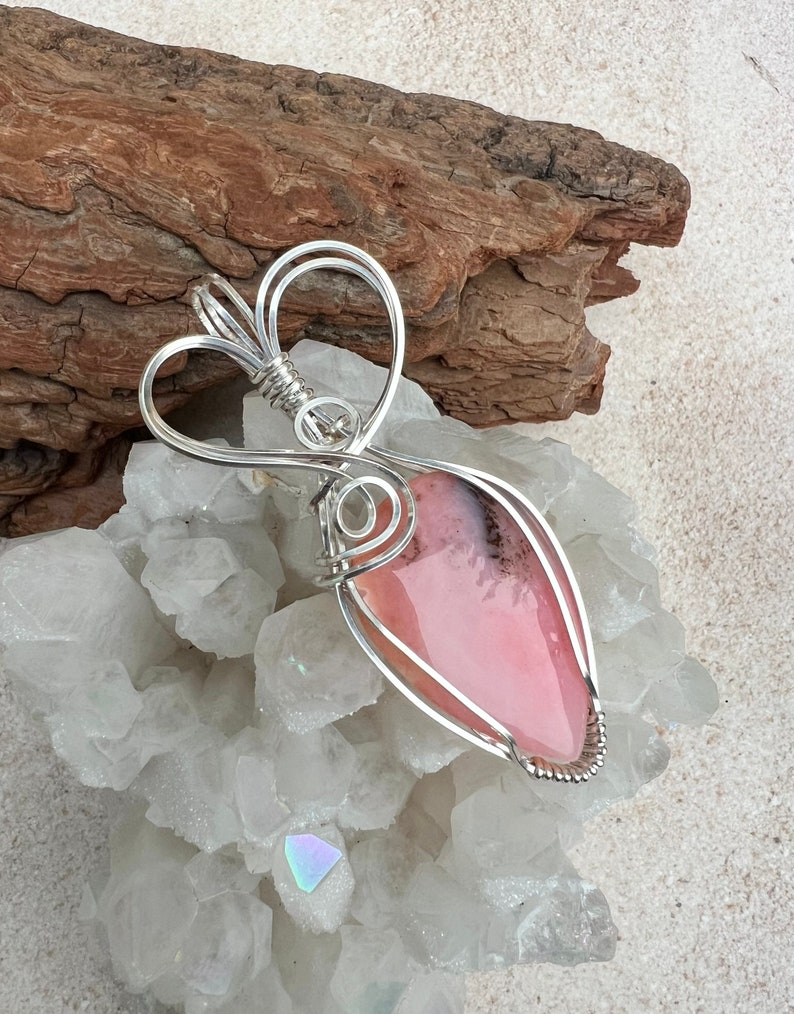 Pink Opal Pendant, Wire Wrapped Opal, Reiki Infused Pink Opal, Heart Healing Crystal, Love image 3