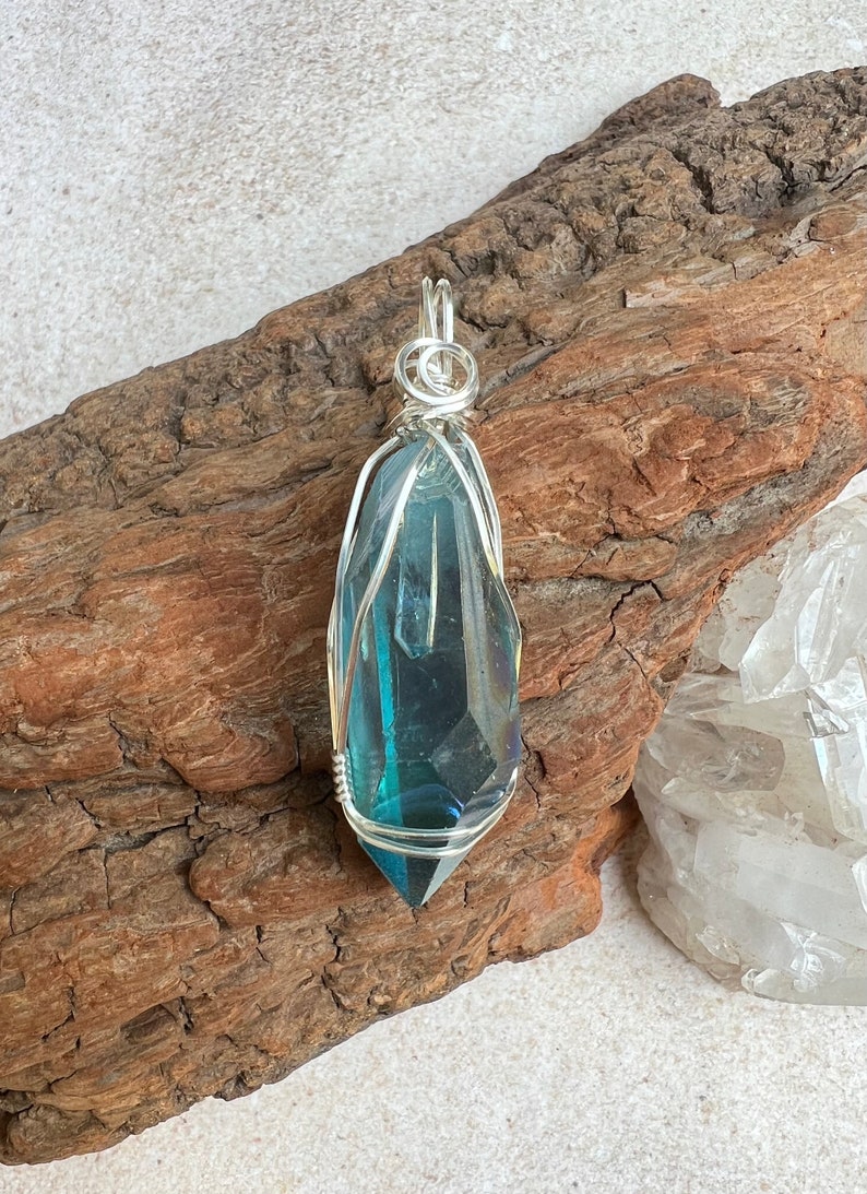 Aqua Aura Pendant, Reiki Infused Aqua Aura Necklace, Wire Wrapped Sterling Silver Aqua Aura Pendant image 5