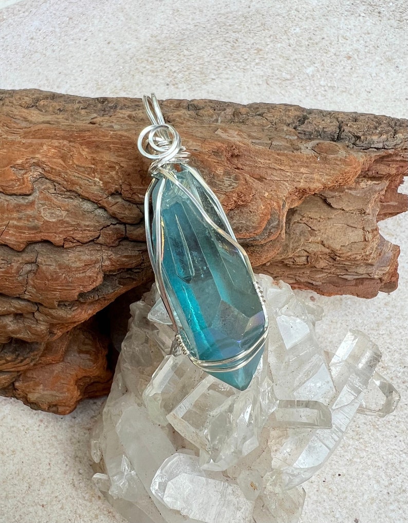 Aqua Aura Pendant, Reiki Infused Aqua Aura Necklace, Wire Wrapped Sterling Silver Aqua Aura Pendant image 1