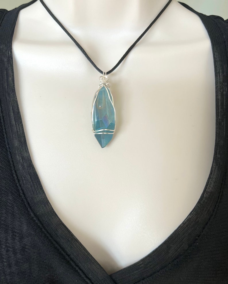 Aqua Aura Pendant, Reiki Infused Aqua Aura Necklace, Wire Wrapped Sterling Silver Aqua Aura Pendant image 7